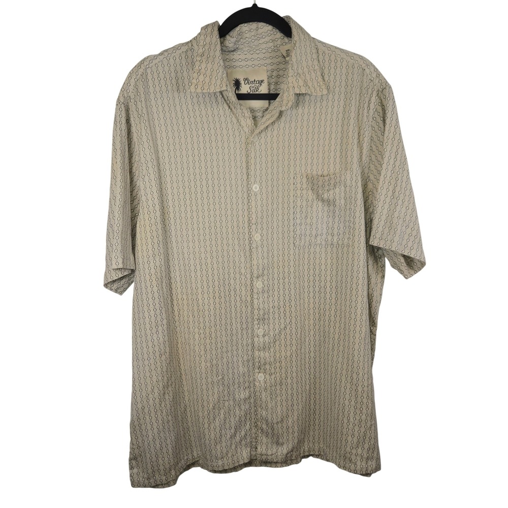 Vintage Silk Mens XXL Button Down Shirt Short Sleeve 100% Silk Geometric Cream